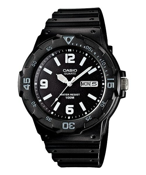 Black Casio wristwatch with a round face and numerical markers.
