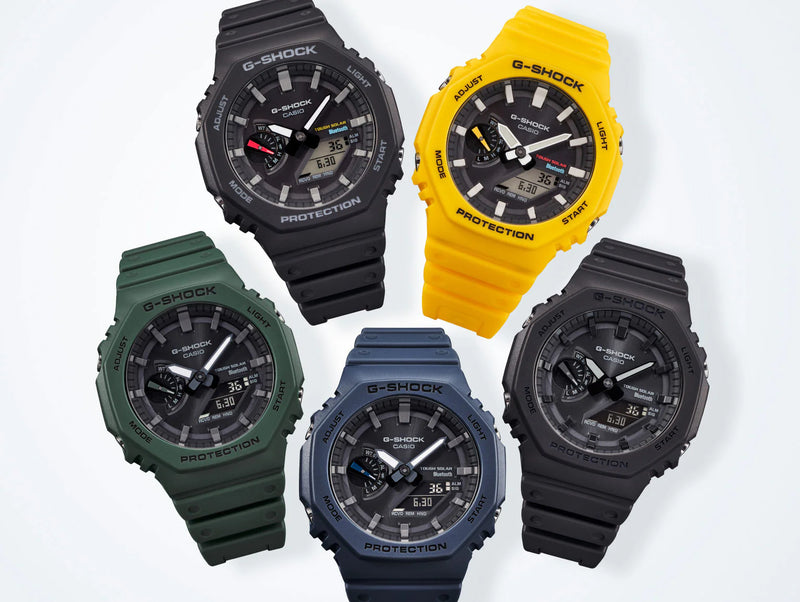 Collection of rugged sports watches in various colors including black, yellow, green, and blue.