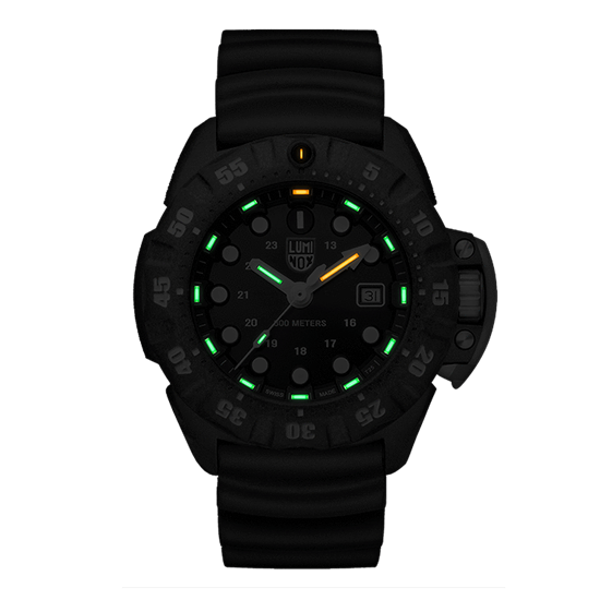 Black tactical wristwatch with luminous markers on the dial.