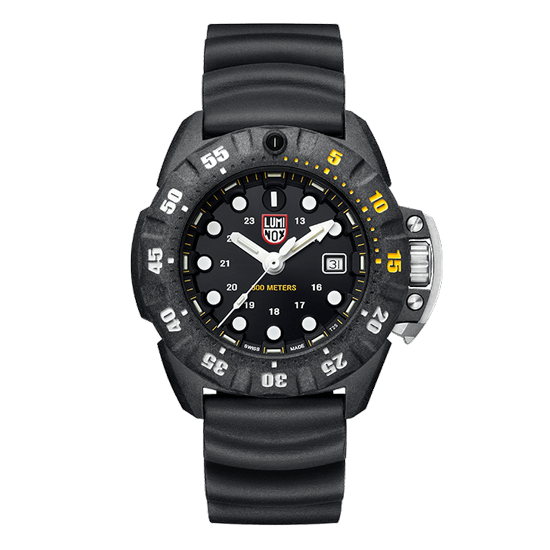 Black diver’s watch with a rubber strap and rotating bezel.