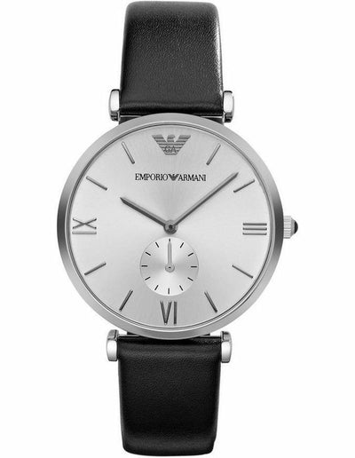 Emporio Armani Men's Silver Dial Watch with Black Leather Strap AR1674