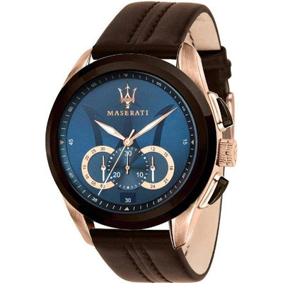 Maserati wristwatch with a blue dial, rose gold accents, and brown leather strap.