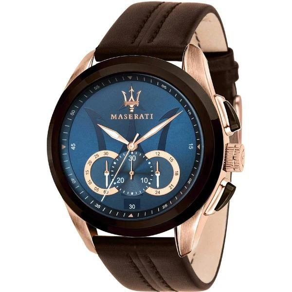 Maserati wristwatch with a blue dial, rose gold accents, and brown leather strap.
