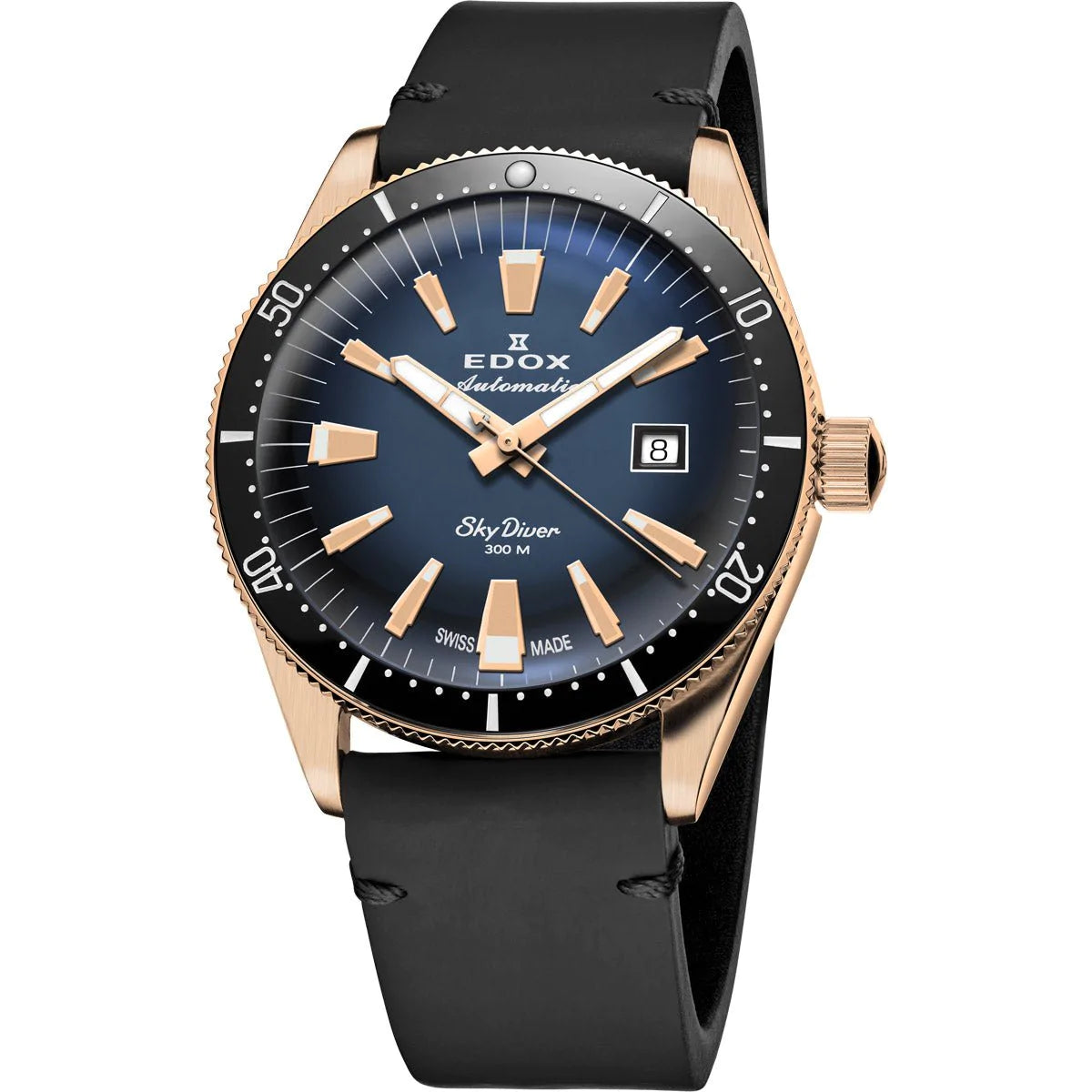 Luxury wristwatch with a blue dial, rose gold case, and black leather strap.