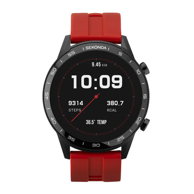 Red-strapped smartwatch with a black circular face displaying digital time and fitness data.