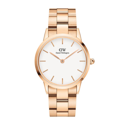 Rose gold wristwatch with a white face and metal bracelet.