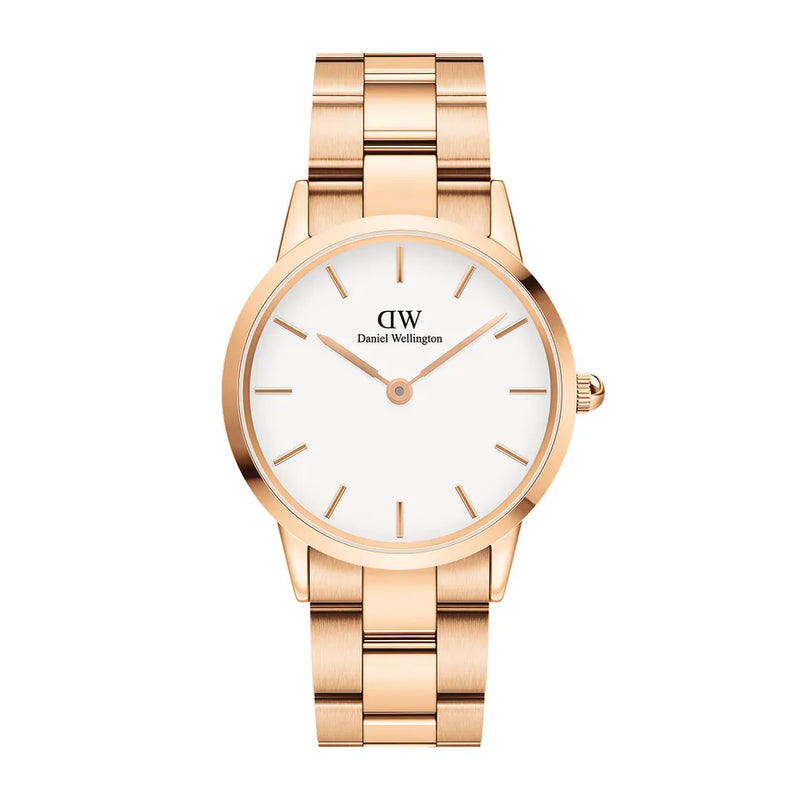 Rose gold wristwatch with a white face and metal bracelet.