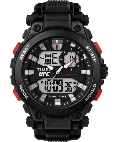 Rugged black and red digital sports watch with UFC branding.