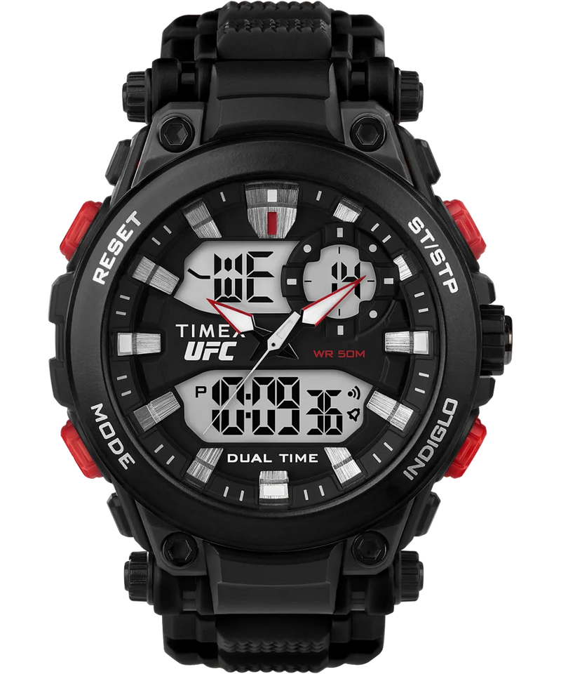 Rugged black and red digital sports watch with UFC branding.