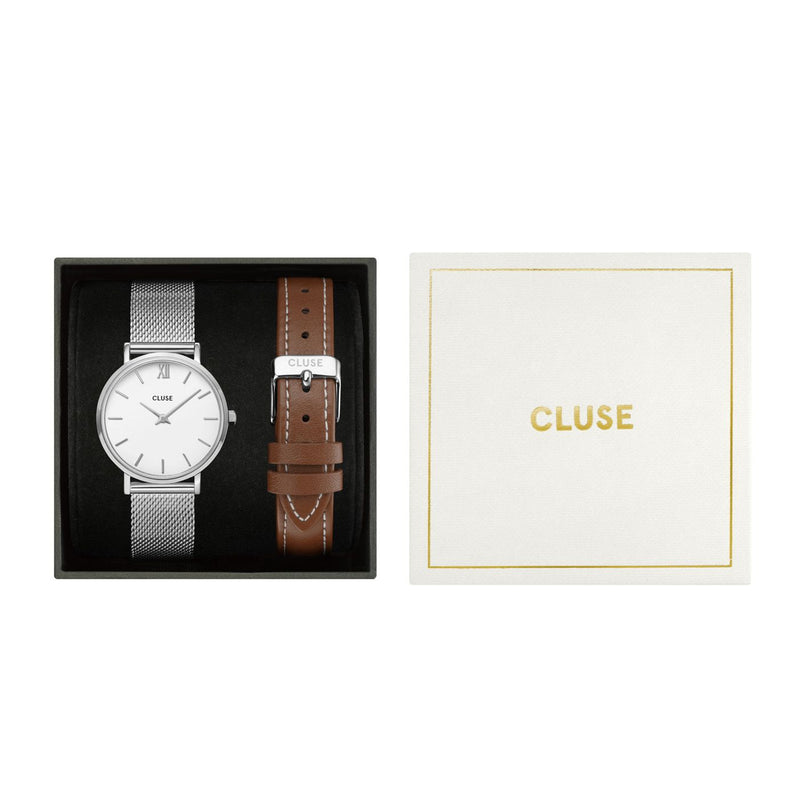 Cluse Minuit Silver Mesh & Brown Leather Strap Gift Set