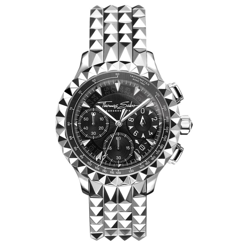 Luxury chronograph wristwatch with a studded metal bracelet and black dial.
