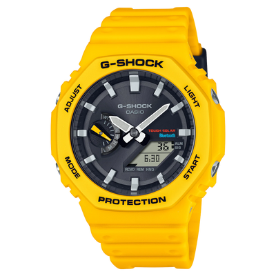 Bright yellow G-Shock wristwatch with a black analog-digital display face.