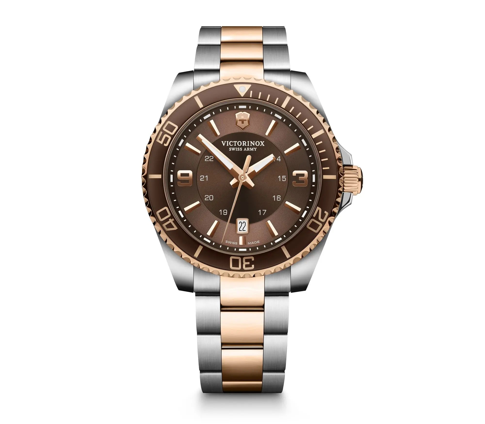Luxury wristwatch with a two-tone silver and rose gold metal bracelet and brown dial.