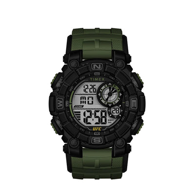 Rugged digital sports watch with a green strap and black face.