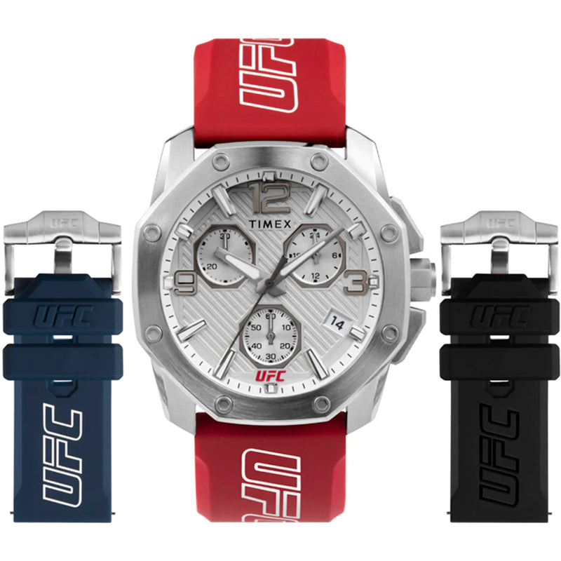 Timex wristwatch with interchangeable red, blue, and black straps featuring ’UFC’ branding.