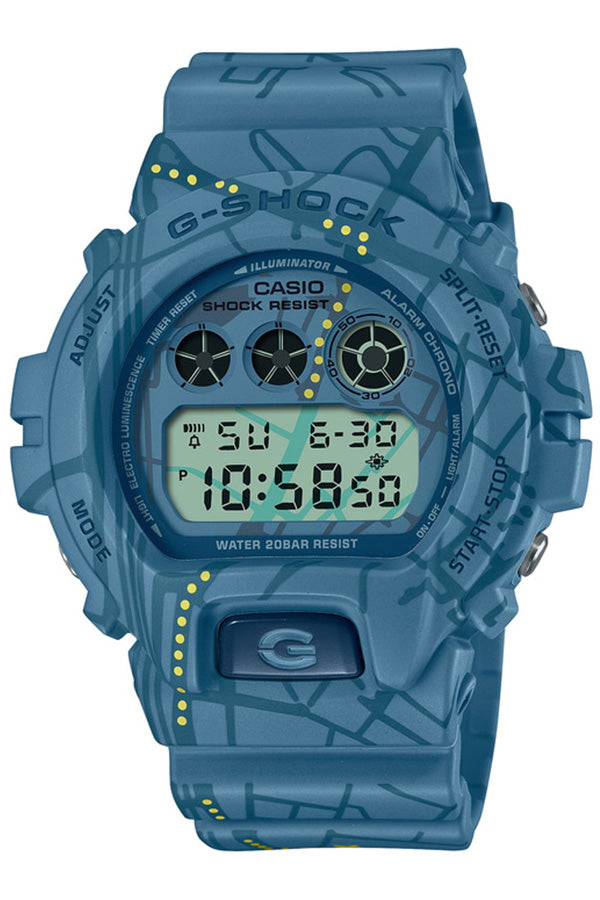 Blue G-Shock digital watch with a patterned design on the strap and case.