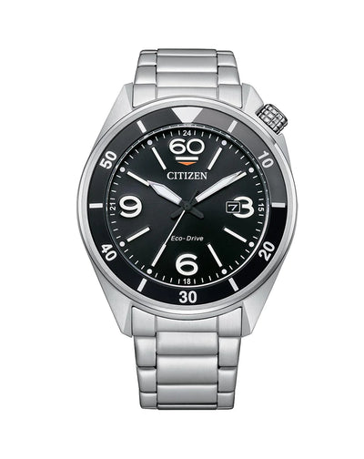 Stainless steel Citizen wristwatch with a black dial and silver bracelet.