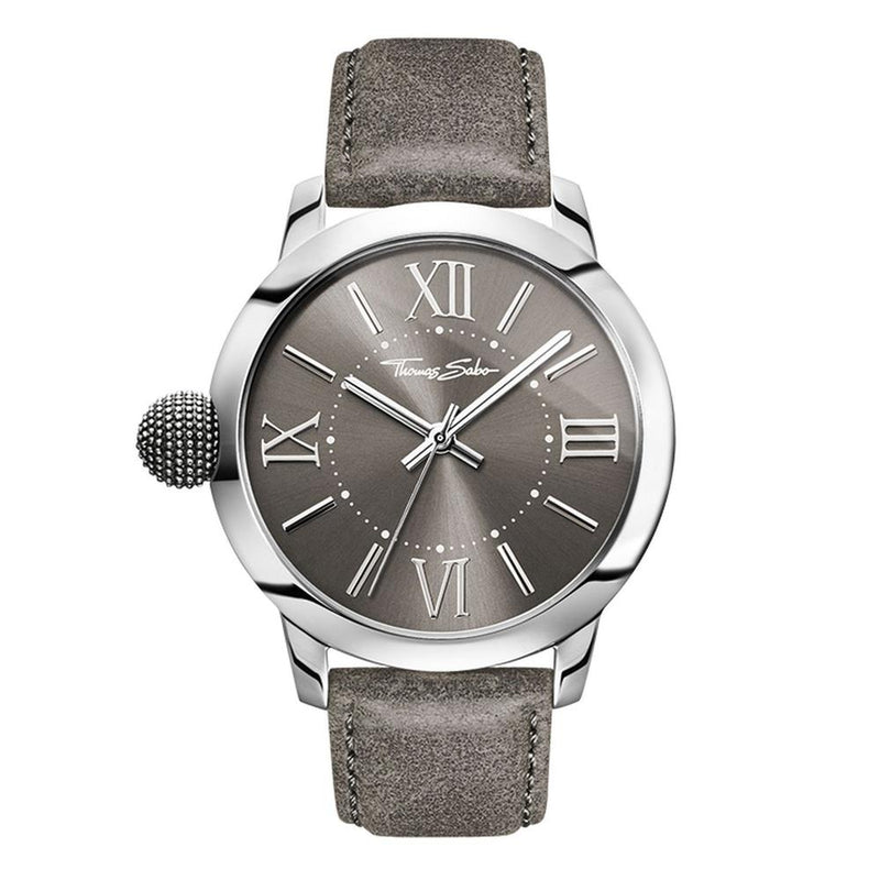 Elegant wristwatch with a gray leather strap and silver-toned case featuring a gray dial and Roman numeral markers.