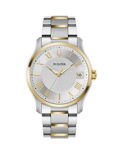 Two-tone stainless steel and gold wristwatch with a white dial and Roman numeral markers.