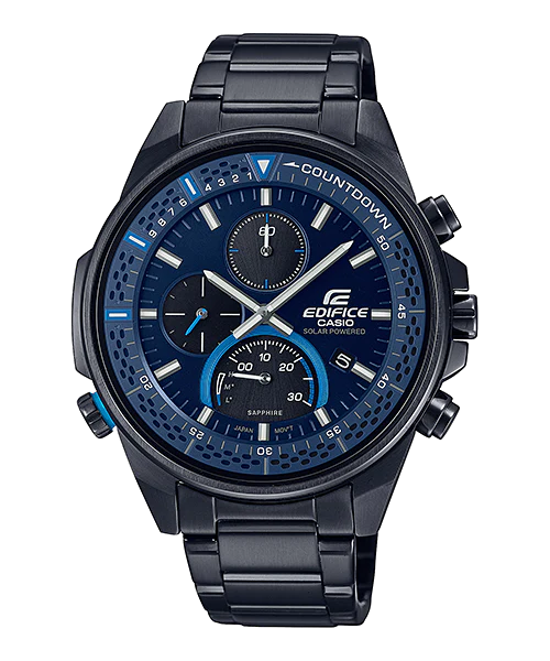 Sleek black wristwatch with a blue dial and multiple subdials.