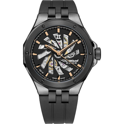 Sleek black wristwatch with a complex skeleton dial and gold accents.