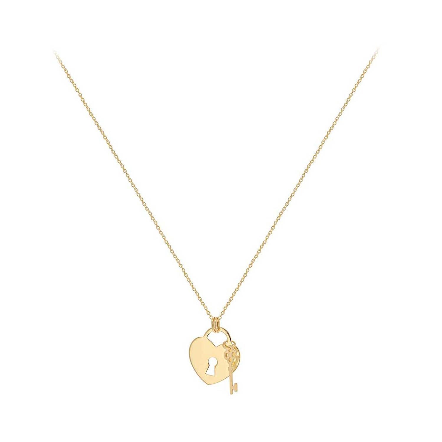 9K Yellow Gold Heart Solid Padlock and Key Necklace 41-43cm