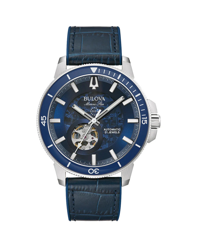 Bulova wristwatch with a blue dial and leather strap.