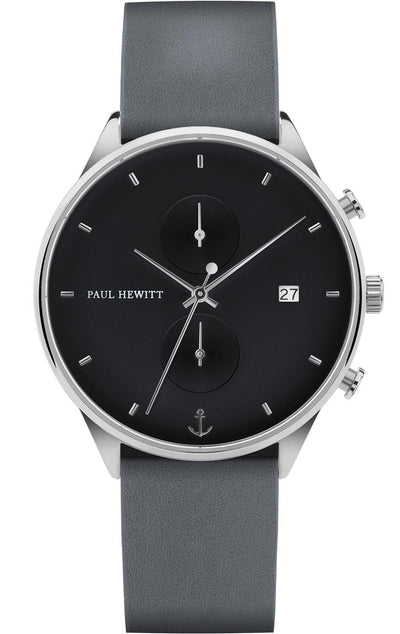 Sleek wristwatch with a black dial, silver case, and gray strap.