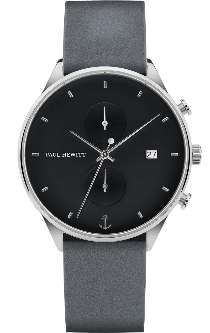 Sleek wristwatch with a black dial, silver case, and gray strap.