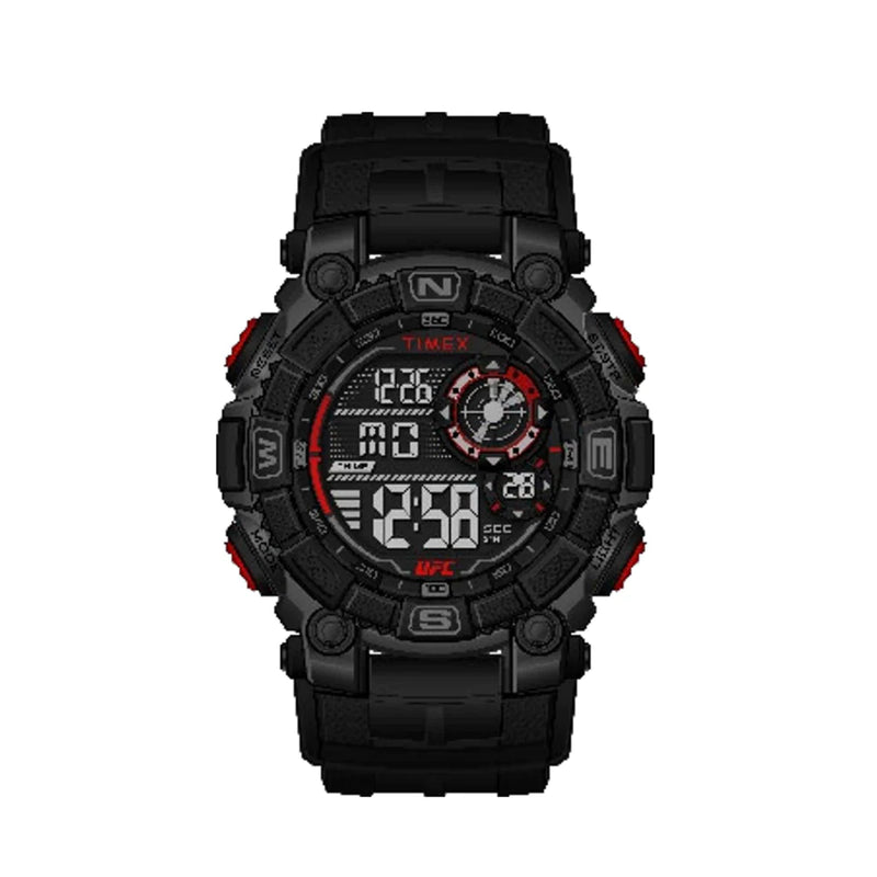 Rugged black digital sports watch with red accents and multiple display features.