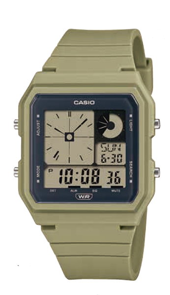 Digital wristwatch with a square face displaying both analog and digital time readouts.