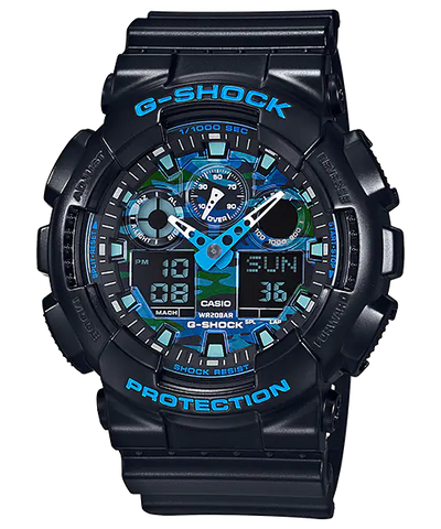 G-Shock digital wristwatch with a black case and blue accents on the face.