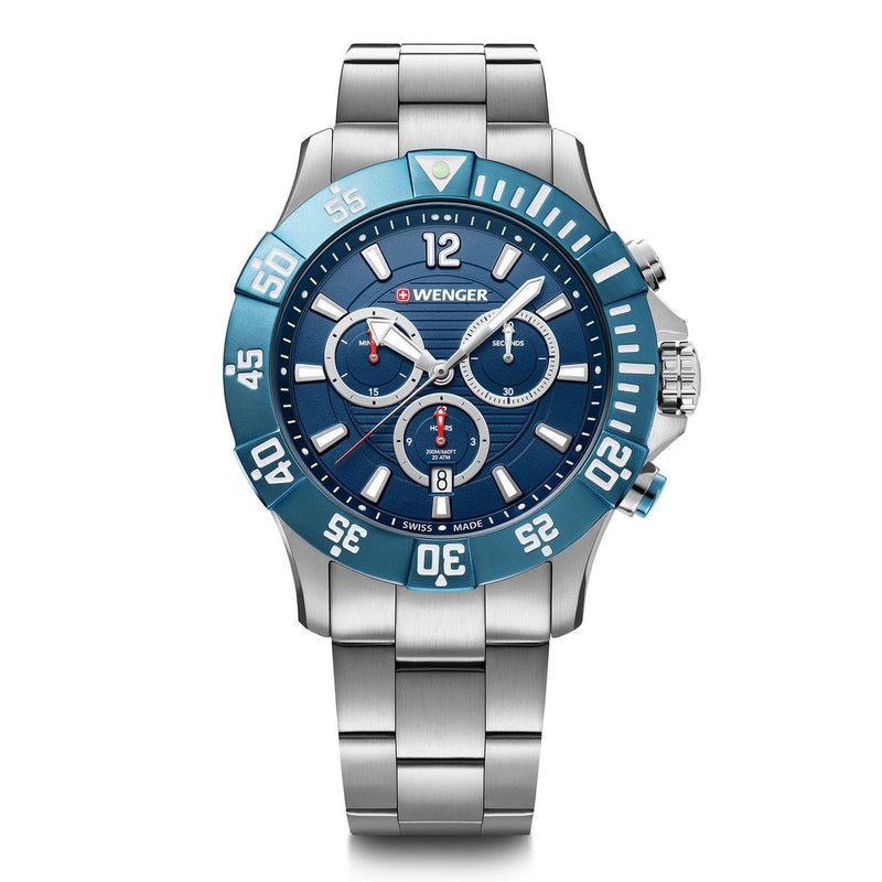 Stainless steel wristwatch with a blue dial and bezel featuring chronograph subdials.