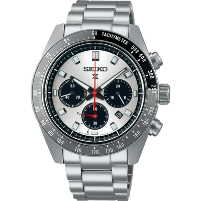 Seiko chronograph wristwatch with a silver metal band and white dial featuring black subdials.