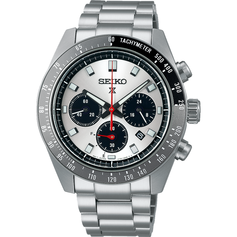 Seiko chronograph wristwatch with a silver metal band and white dial featuring black subdials.