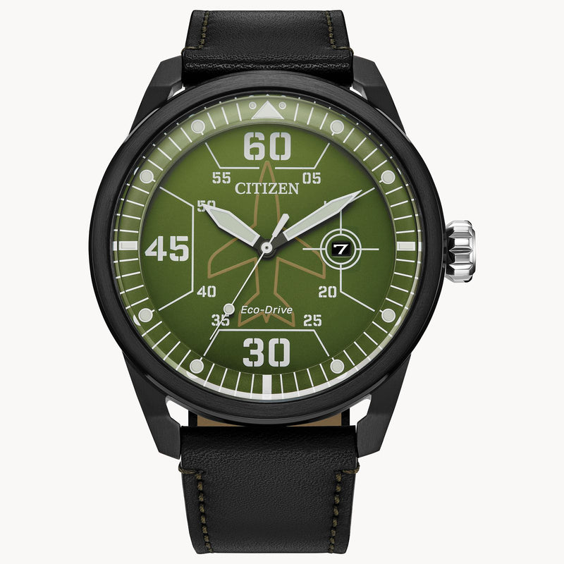 Citizen wristwatch with a green dial and black leather strap.