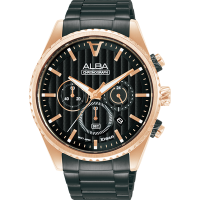 Stylish men’s wristwatch with a black dial and rose gold accents.