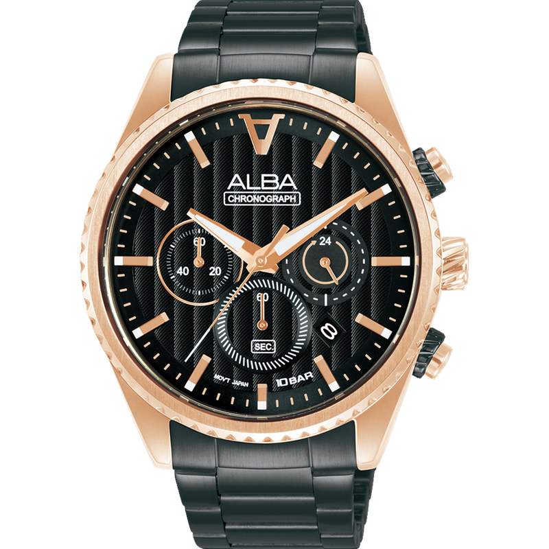 Stylish men’s wristwatch with a black dial and rose gold accents.