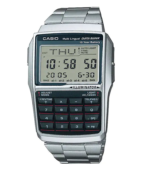 Casio digital wristwatch with calculator buttons and a metallic band.