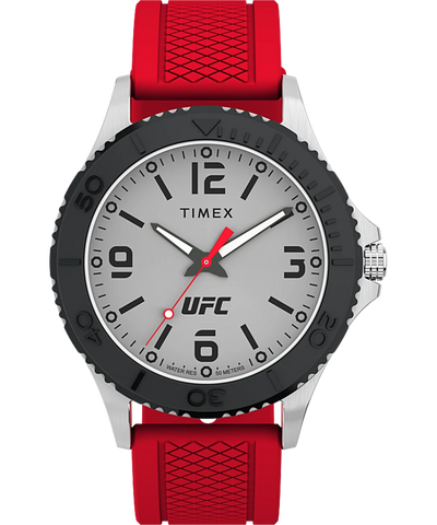 Timex wristwatch with a red strap and UFC branding on the dial.