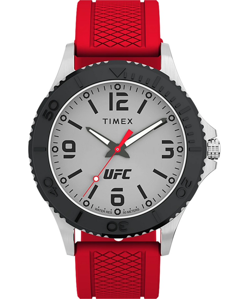 Timex wristwatch with a red strap and UFC branding on the dial.