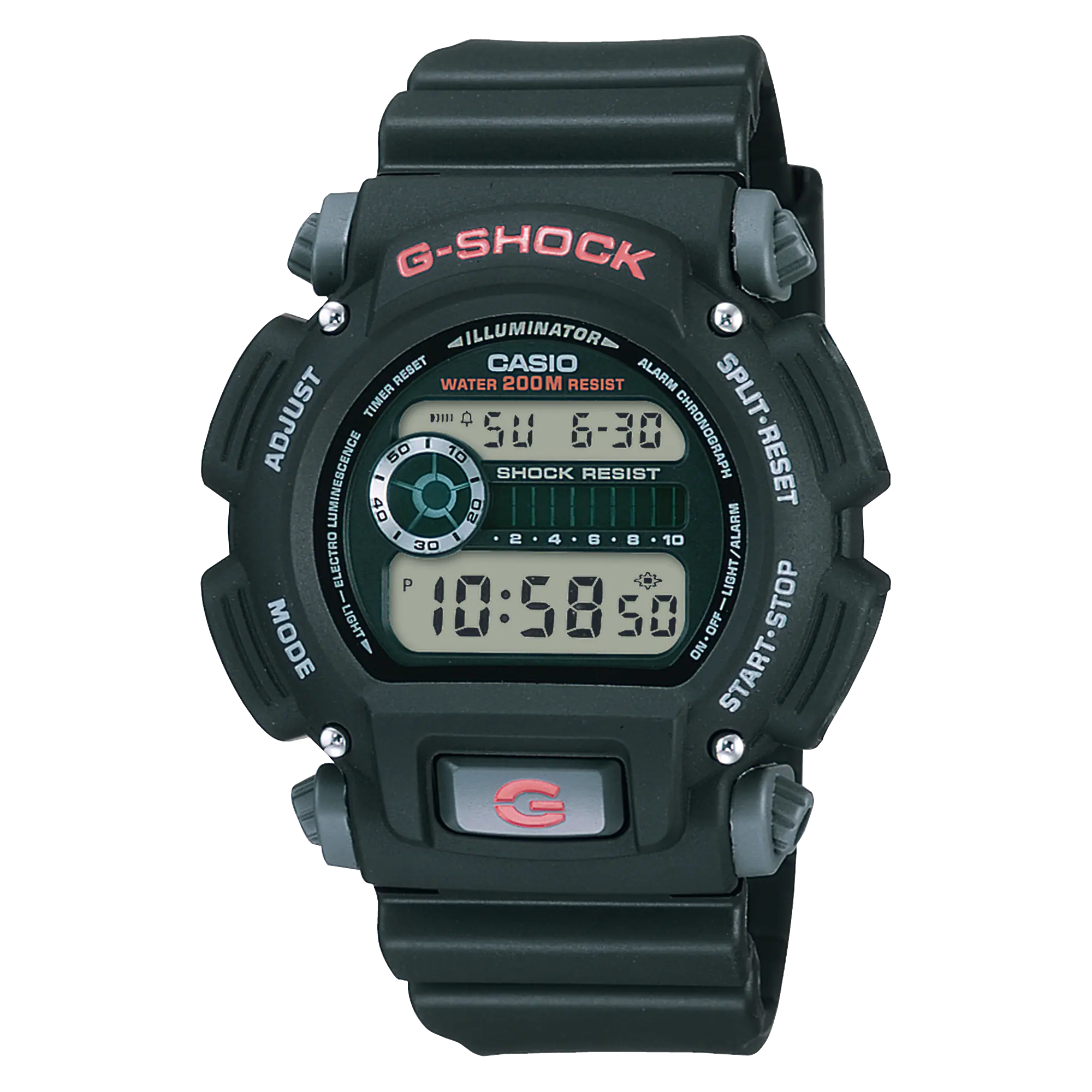 Black G-Shock digital wristwatch with a rugged design and multiple display features.