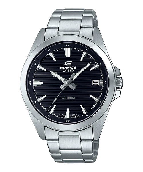 Silver-toned wristwatch with a black dial and Casio Edifice branding.