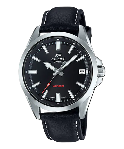 Casio Edifice wristwatch with a black leather strap and silver-toned case.