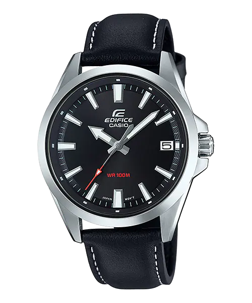 Casio Edifice wristwatch with a black leather strap and silver-toned case.