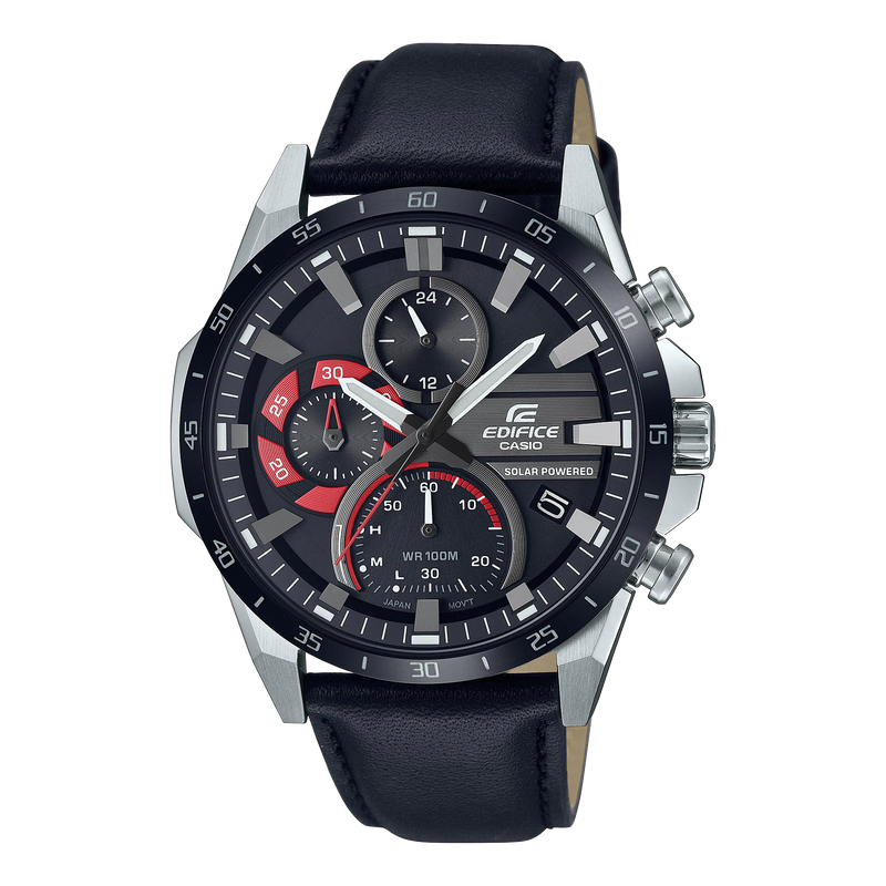 Casio Edifice chronograph wristwatch with a black leather strap and silver case.