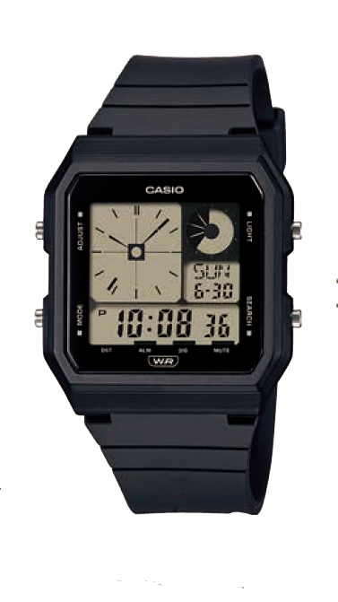 Black digital wristwatch with a square face displaying multiple time functions.