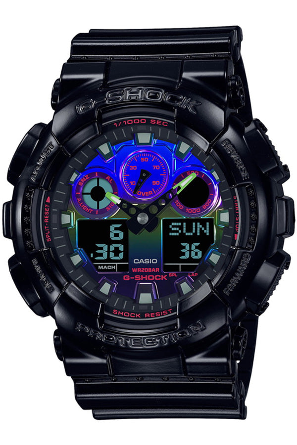 Black G-Shock digital watch with a colorful display featuring blue, purple, and green elements.