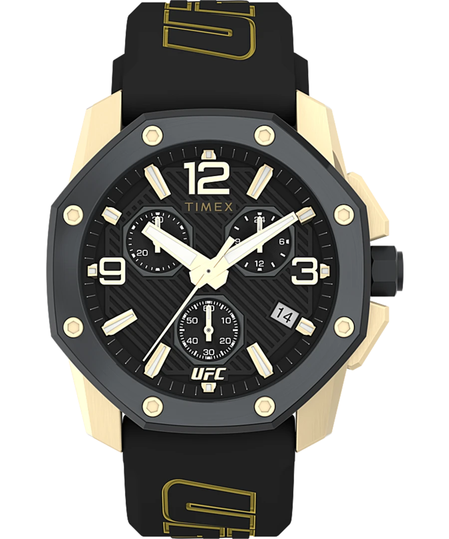 Timex wristwatch with a black and gold color scheme featuring a chronograph design.