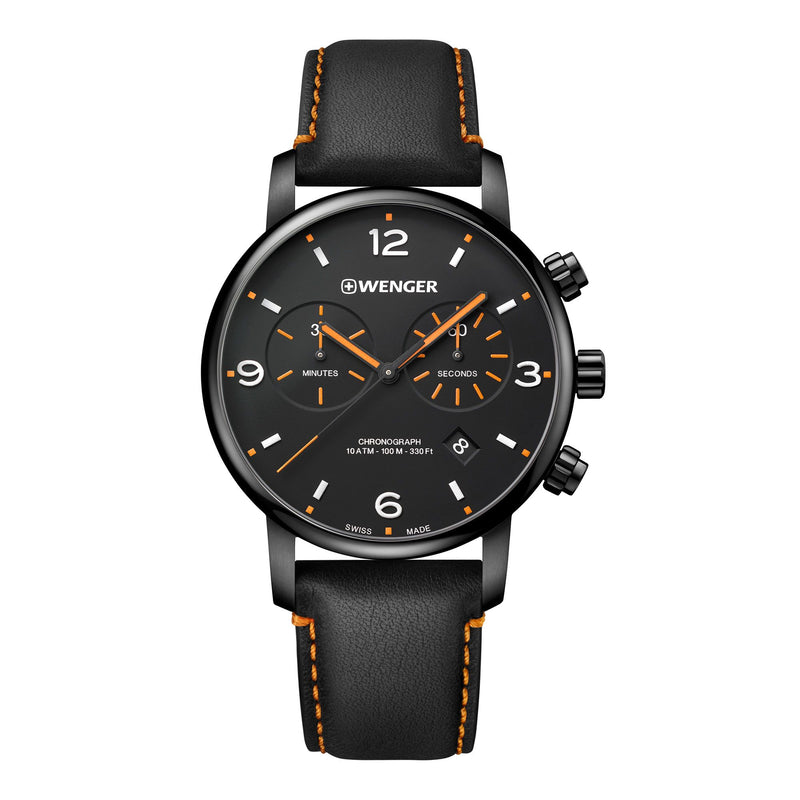 Wenger chronograph wristwatch with a black dial and orange accents.